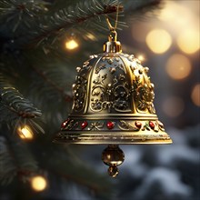 Vintage Christmas bell ornament hanging on a snow-dusted evergreen branch, capturing the intricate