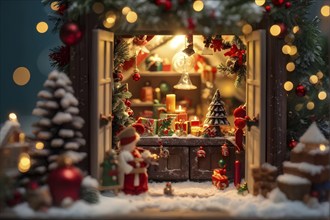 Traditional advent calendar door opening, showing a tiny festive scene inside with miniature