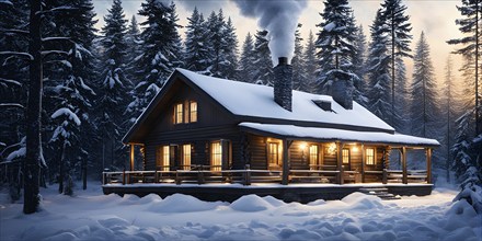 Peaceful winter cabin in the woods, with smoke rising from the chimney, AI generated