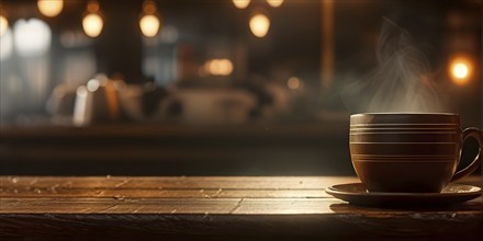 Coffee cup on a wooden table in a warmly lit cafe in blurred background, AI generated