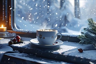 Coffee cup on a plate by a snow covered window creating a cozy winter feeling, AI generated