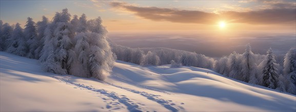 Footprints in fresh snow on a hill with a row of trees in winter in golden sunrise light, AI