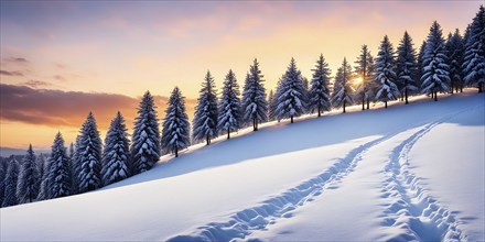 Footprints in fresh snow on a hill with a row of trees in winter in golden sunrise light, AI