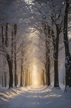 Snow covered tree avenue in warm golden evening light, AI generated