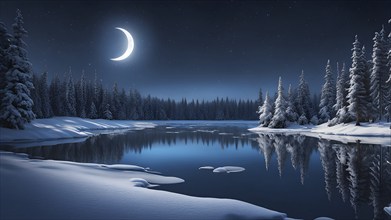 Tranquil winter night scene with a crescent moon and stars shining brightly over a frozen lake,