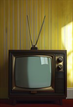 Old television in front of old rustic patterned wallpaper, AI generated