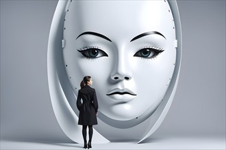 Thoughtful woman besides oversized female mask, AI generated