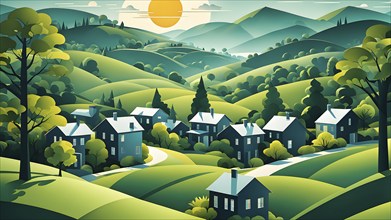 Landscape set in paper art style featuring houses tucked between verdant trees and rolling hills,