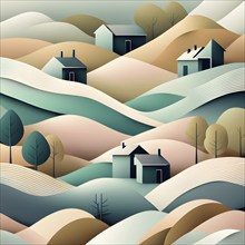 Landscape set in paper art style featuring houses tucked between verdant trees and rolling hills,