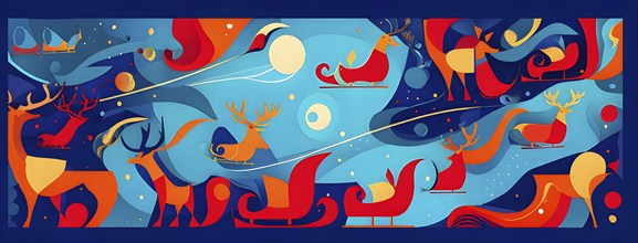 Whimsical abstract scene with stylized reindeer and sleighs to capture the magic of Christmas, AI