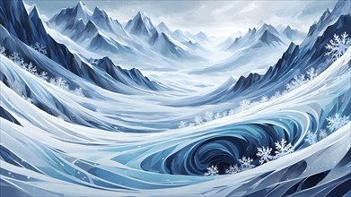 Abstract illustration of dreamy, icy landscape with swirling blues, whites, and silvers, evoking