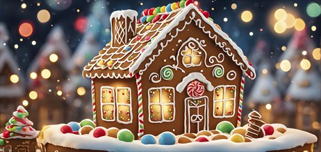 Abstract wallpaper illustration of of gingerbread house decoration, AI generated