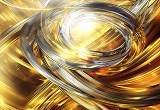 Abstract Illustration of energetic and dynamic swirl of gold, silver, and deep orange hues,