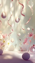 Surreal Easter scene with floating eggs, ribbons, and flowers in a dreamlike, whimsical composition