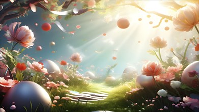 Surreal Easter scene with floating eggs, ribbons, and flowers in a dreamlike, whimsical composition