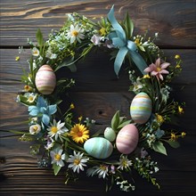 Spring wreath with pastel ribbons, speckled eggs, and blooming flowers, hanging on a wooden