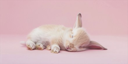 Cute baby bunny sleeping on pink studio background. Generative Ai, AI generated