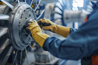 Close up of person working on windmill part in factory. Generative Ai, AI generated