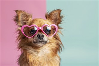 Cute small Chihuahua dog with pink heart shaped glasses on pastel pink and blue background.