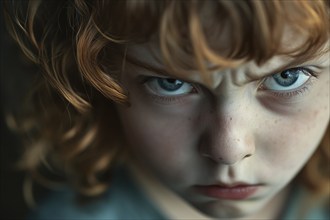 Close up of angry face of child. Generative Ai, AI generated