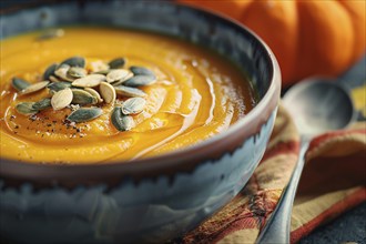 Bowl with creamy pumpkin soup with seeds. Generative Ai, AI generated