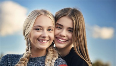 AI generated, Two attractive blonde girls, 15, 18, years, portrait, beautiful teeth, studio, AI