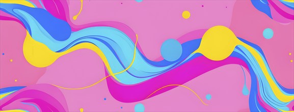 Abstract image with colorful yellow and turquoise blobs and liquid shapes on a pink background, AI