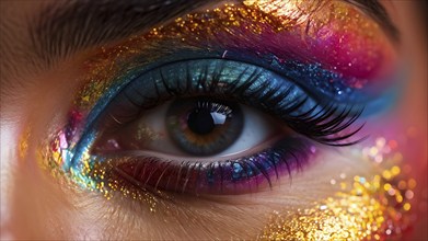 Close up of eye featuring vibrant colored eyelids with intense eye shadow, AI generated