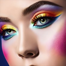 Close up of eye featuring vibrant colored eyelids with intense eye shadow, AI generated