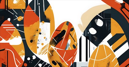 Illustration of an abstract Easter egg design with geometric patterns, bold colors, and a mix of