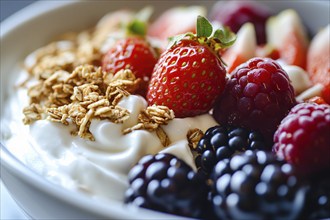 Close up of healthy bowl with yoghurt, granola, strawberry, raspberry and blackberry. Generative