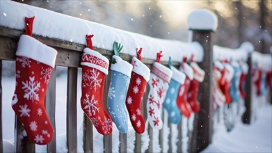 Row of Christmas stockings hanging from a snow-covered wooden fence, with delicate frost patterns