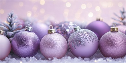 Christmas banner with pink and purple bauble ornaments with copy space. Generative AI, AI generated