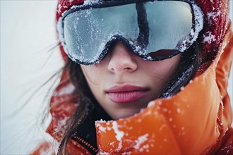 Woman's face with ski sunglasses and hat in winter. Generative Ai, AI generated