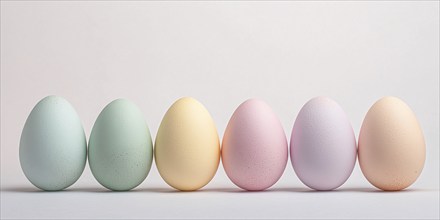 Row of pastel colored Easter eggs in front of white background with copy space. Generative Ai, AI