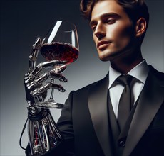 A man with a prosthetic arm, a cybernetic prosthesis, holds a wine glass, symbolic image people