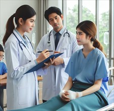 Doctors standing at the bedside of a patient in a hospital, symbolic image disease, healthcare,