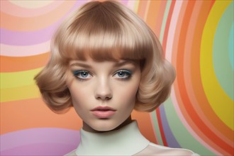 Woman with 60s style makeup and hairstyle in fornt of colorful wall. KI generiert, generiert AI