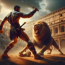 Roman Empire, a gladiator fights in the arena with a lion, AI generated, AI generated