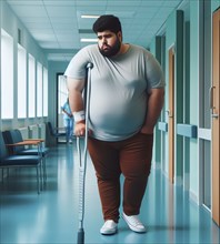 A man with severe obesity, overweight, walks with difficulty supported by crutches, symbolic image