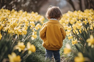 Back view of young child walking through field of yellow spring Daffodil flowers. KI generiert,