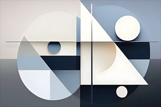 Minimalist composition of overlapping geometric shapes, such as circles, squares, and triangles,