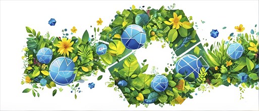 Recycling symbol morphing into growing plants and solar cells to symbolize the transformation of