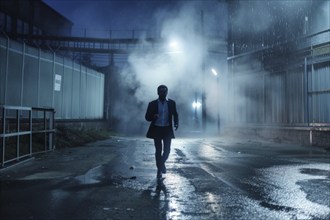 A businessman on the run, at night in an industrial area on a wet road, mysterious and tense