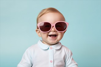 Smiling young baby or toddler with large pink sunglasses in front of pastel pink studio background.