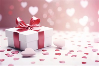 White Valentine or wedding gift box with pink ribbon and red heart shaped confetti. KI generiert,