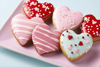 Top view of heart shaped cookies with sugar glazing on pink plate. KI generiert, generiert AI