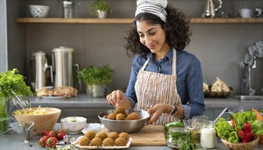 Food, Persian woman preparing falafel, chickpea balls, AI generated, AI generated