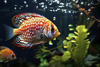 Discus fish gliding through the shallow amazon waters illuminated by dappled sunlight, AI generated