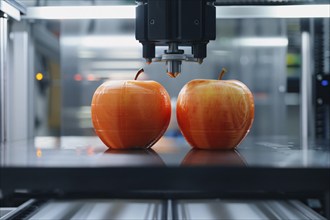 Apples being printed by 3D printer. KI generiert, generiert, AI generated